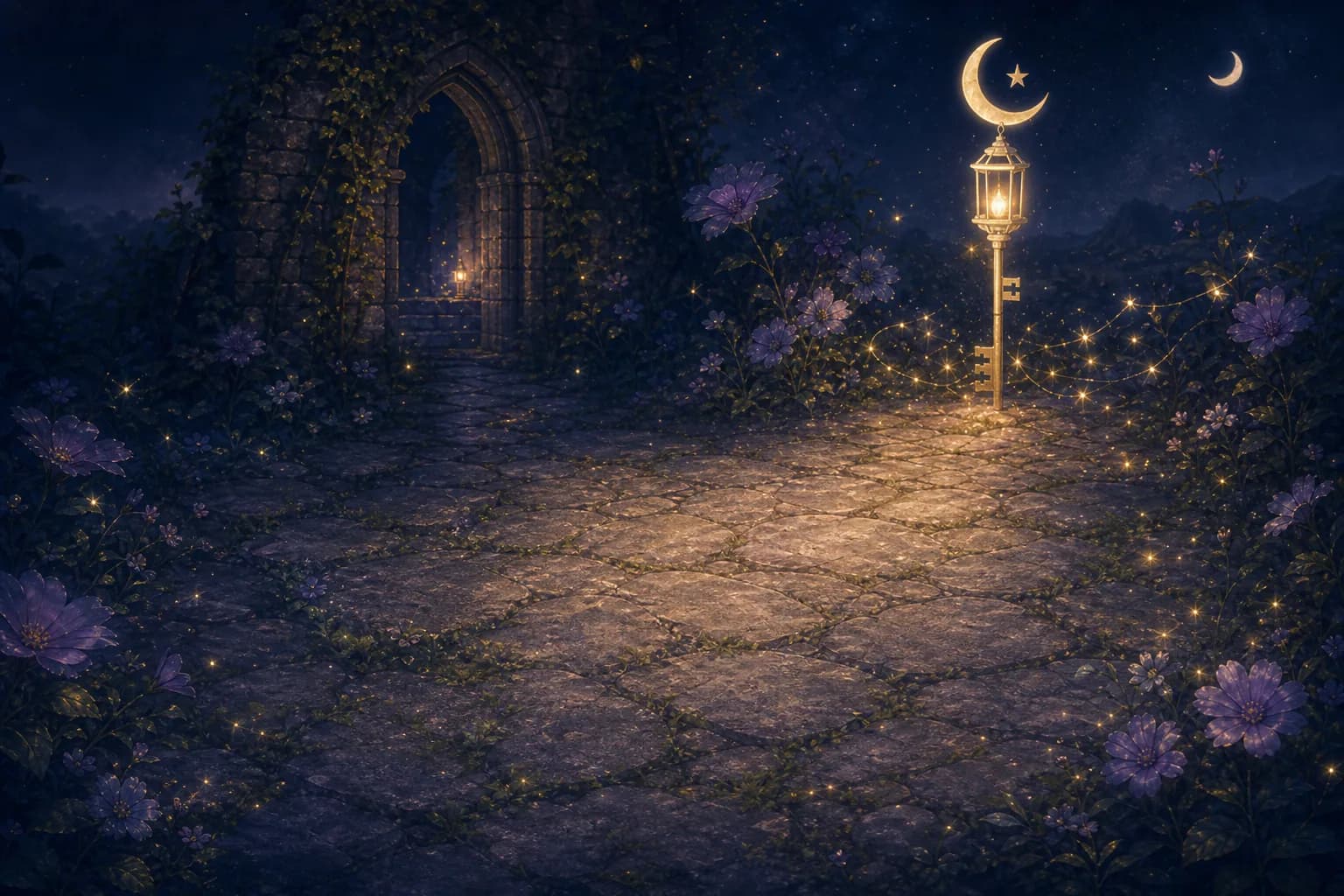 Moonlit dream garden with a lantern, stone path, and a crescent moon