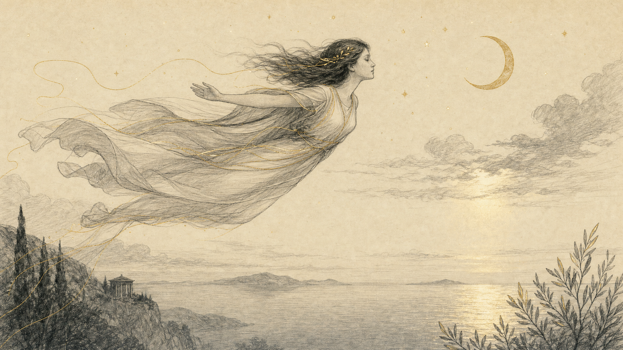 Editorial sketch of flight above a calm horizon in a dream