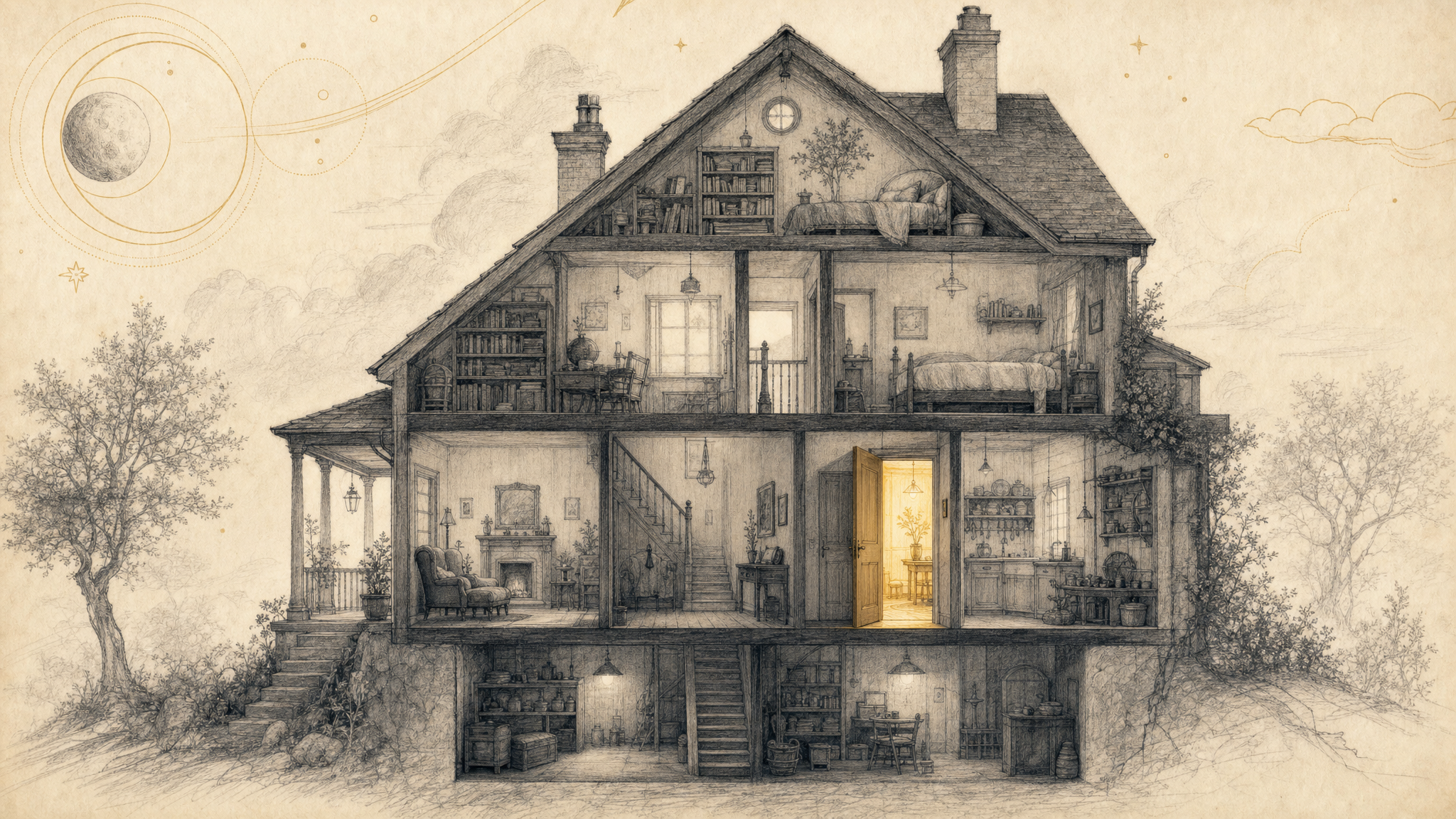 Editorial cutaway sketch of a house with a newly opened room and warm light