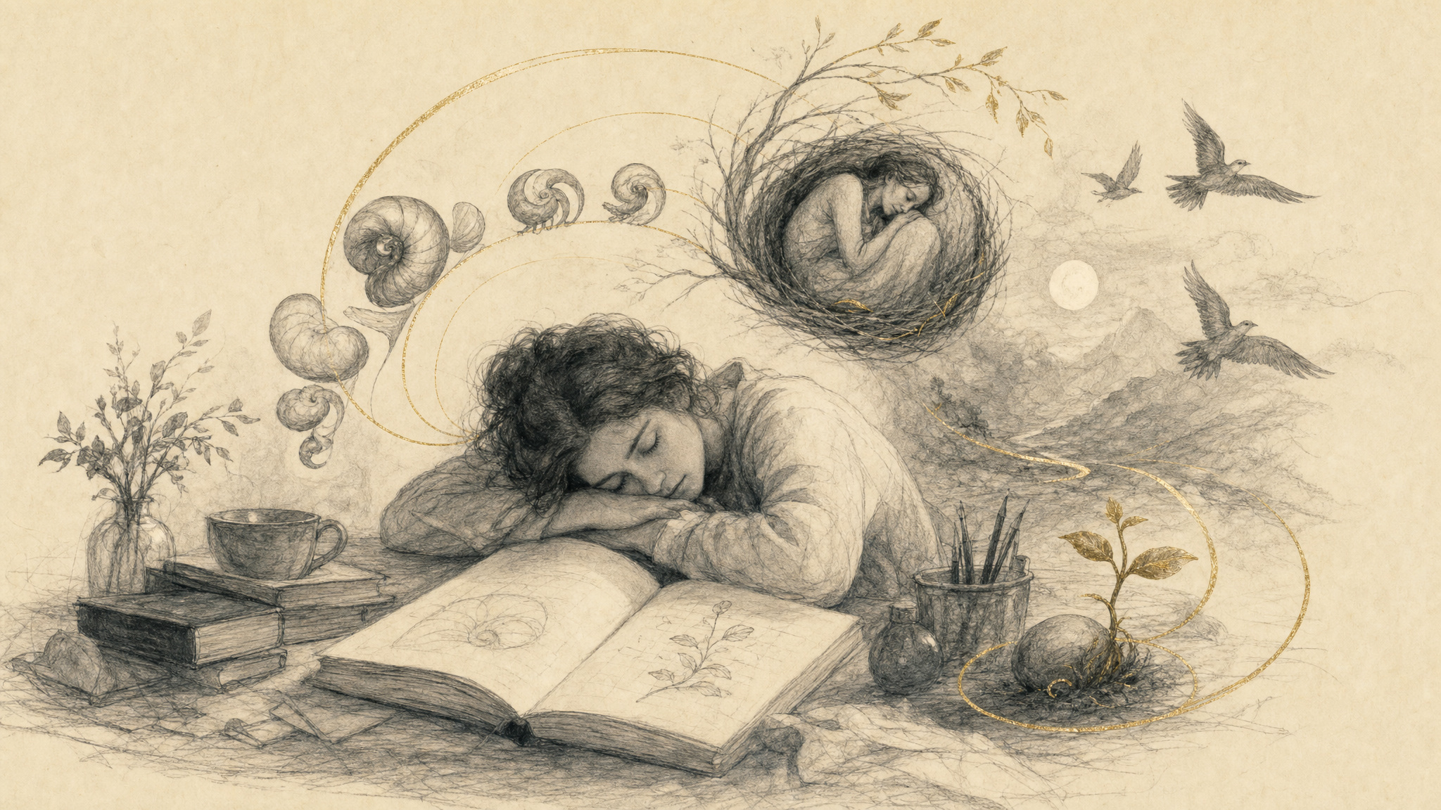 Editorial sketch of gentle growth motif on parchment, non-literal
