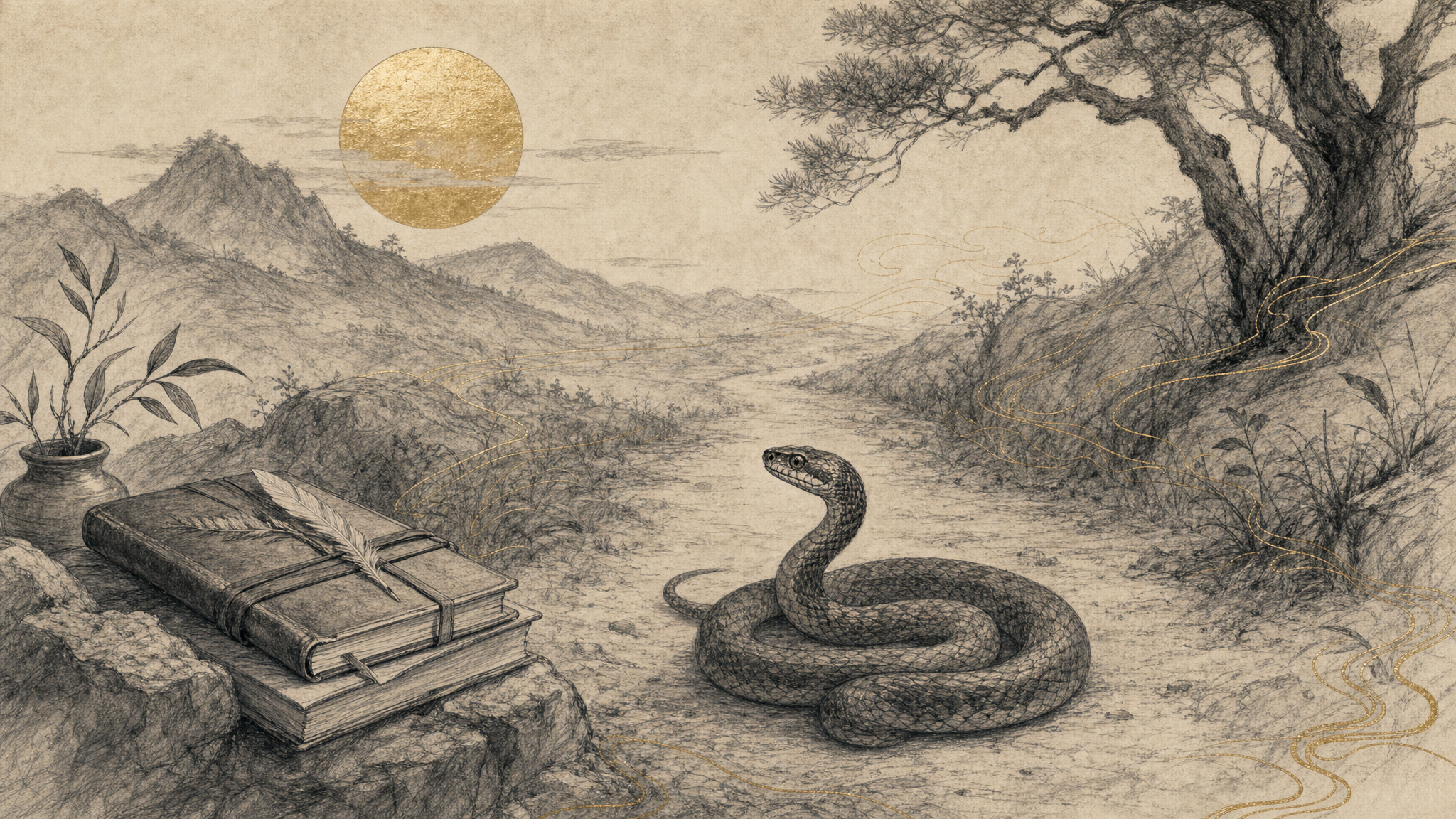 Editorial sketch of a coiled snake as line art on parchment